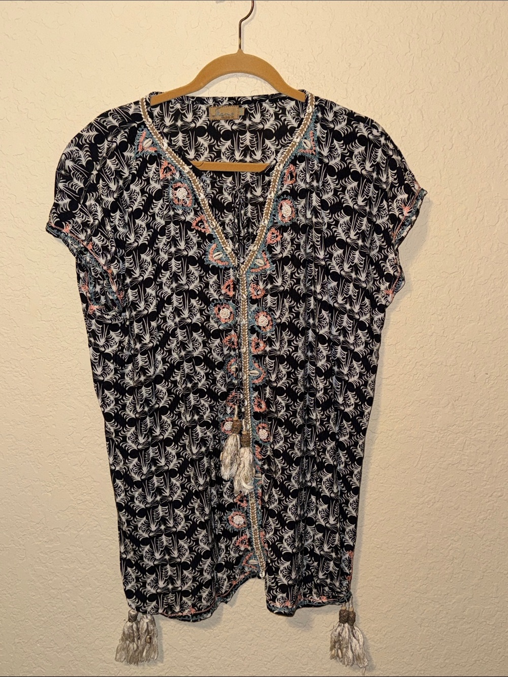 Skemo Black Floral Printed Tunic with Embroidered Trim coverup dress tunic xs